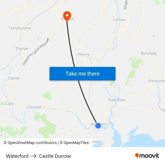 Waterford to Castle Durrow map