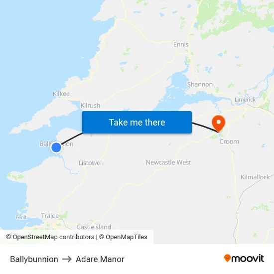 Ballybunnion to Adare Manor map