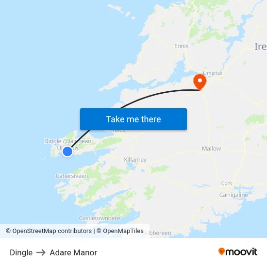 Dingle to Adare Manor map