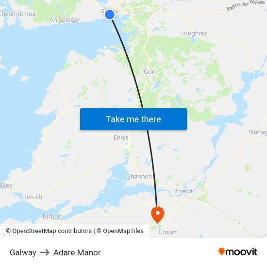 Galway to Adare Manor map
