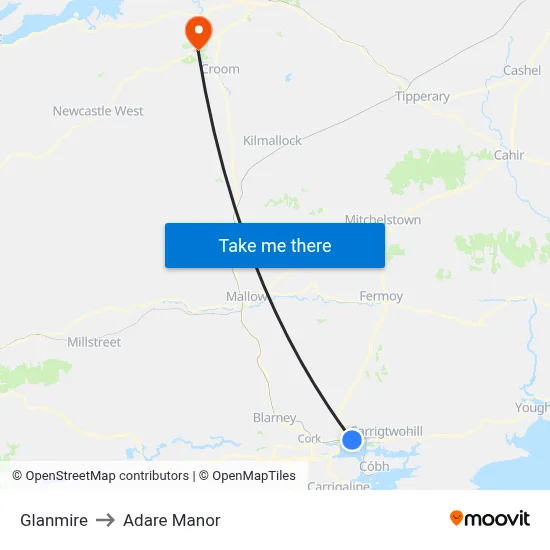 Glanmire to Adare Manor map