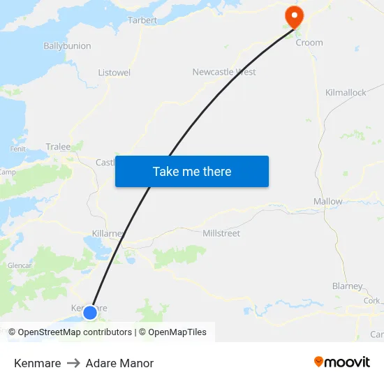 Kenmare to Adare Manor map
