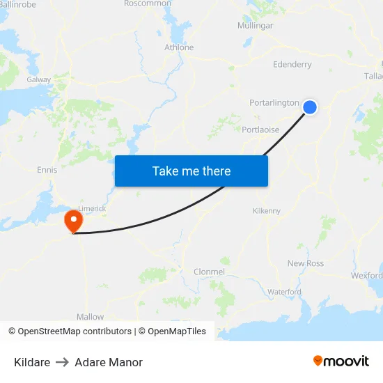 Kildare to Adare Manor map