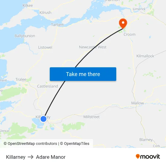 Killarney to Adare Manor map