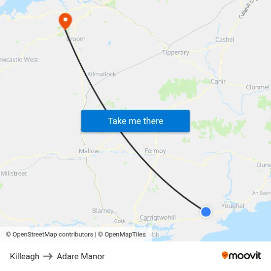 Killeagh to Adare Manor map