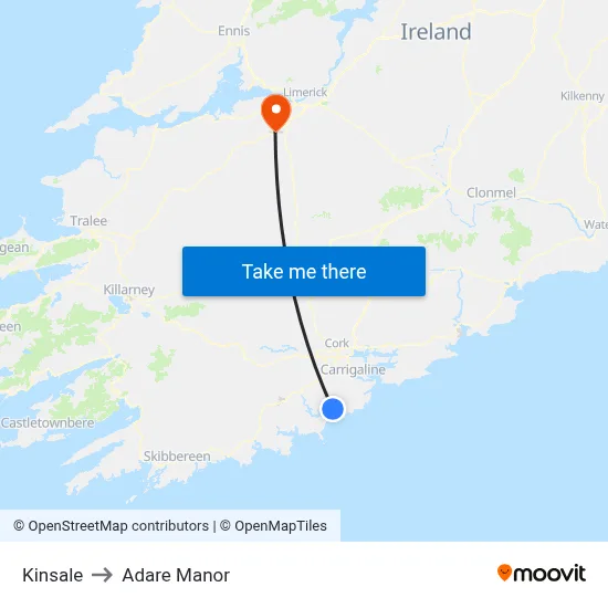 Kinsale to Adare Manor map