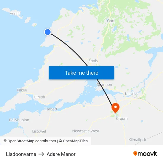 Lisdoonvarna to Adare Manor map