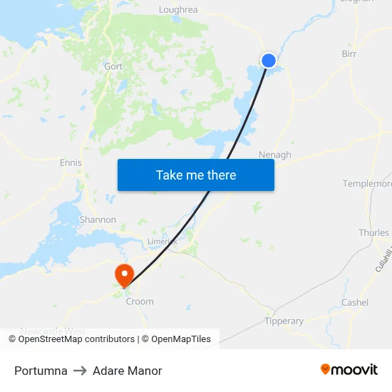 Portumna to Adare Manor map