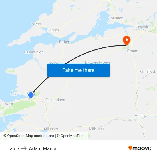 Tralee to Adare Manor map