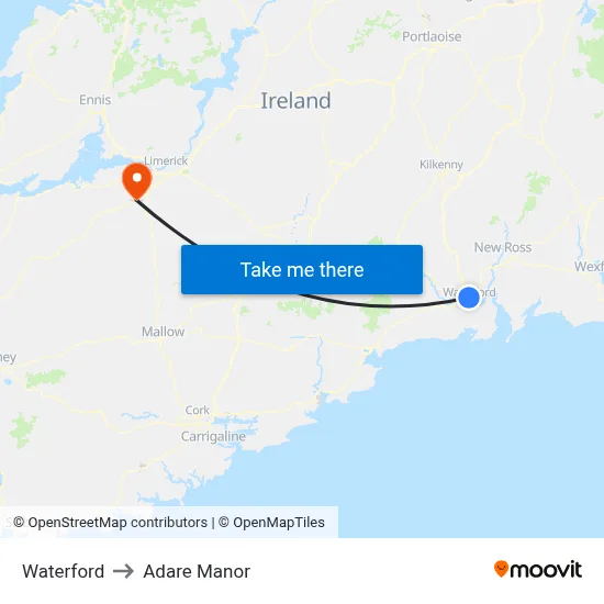 Waterford to Adare Manor map
