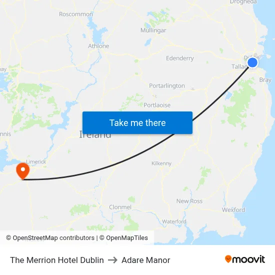 The Merrion Hotel Dublin to Adare Manor map