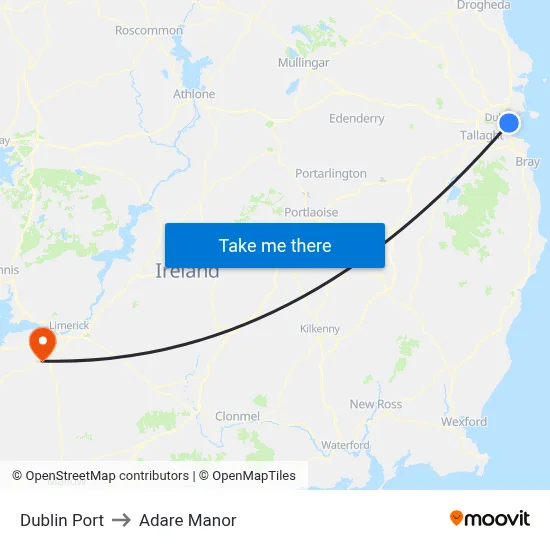 Dublin Port to Adare Manor map