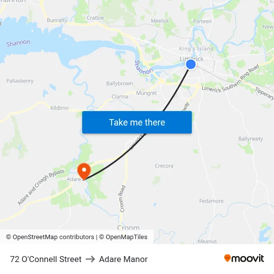 72 O'Connell Street to Adare Manor map