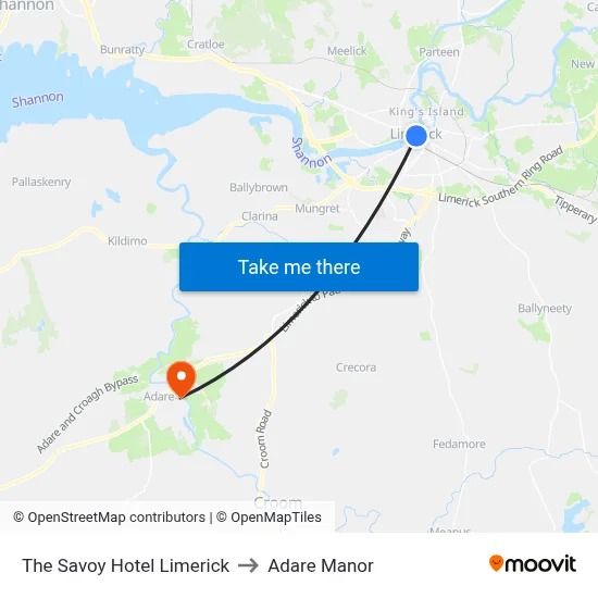 The Savoy Hotel Limerick to Adare Manor map