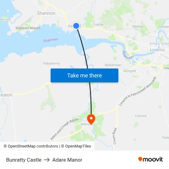 Bunratty Castle to Adare Manor map