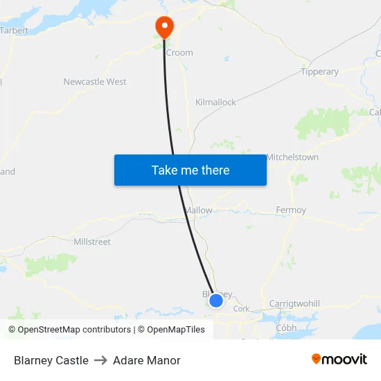 Blarney Castle to Adare Manor map