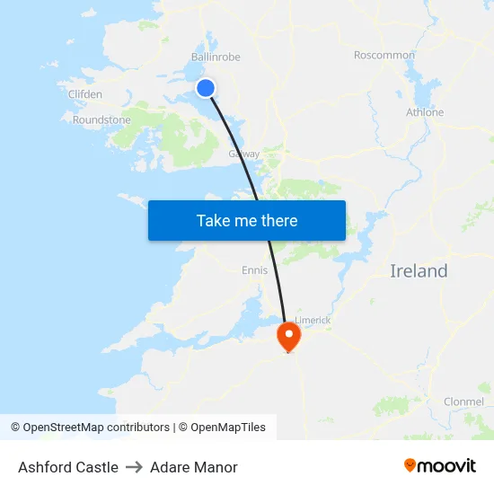 Ashford Castle to Adare Manor map