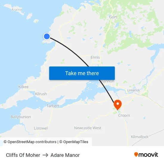 Cliffs Of Moher to Adare Manor map