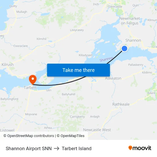 Shannon Airport SNN to Tarbert Island map