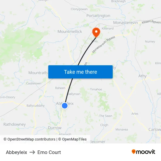 Abbeyleix to Emo Court map