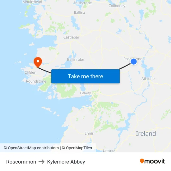 Roscommon to Kylemore Abbey map