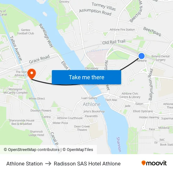 Athlone Station to Radisson SAS Hotel Athlone map