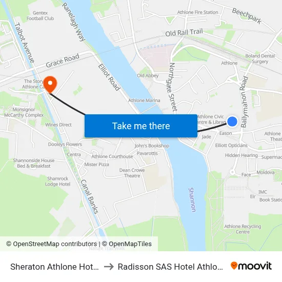 Sheraton Athlone Hotel to Radisson SAS Hotel Athlone map