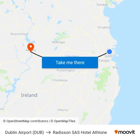 Dublin Airport (DUB) to Radisson SAS Hotel Athlone map