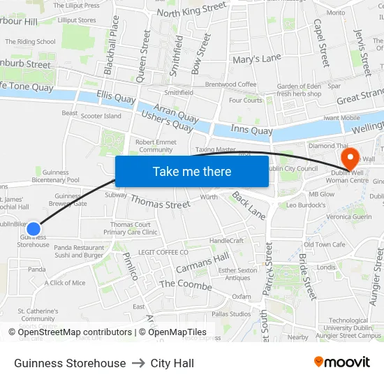 Guinness Storehouse to City Hall map