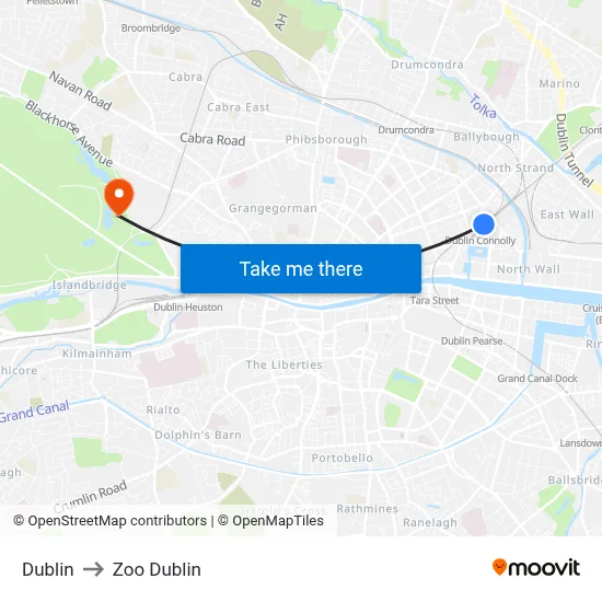 Dublin to Zoo Dublin map