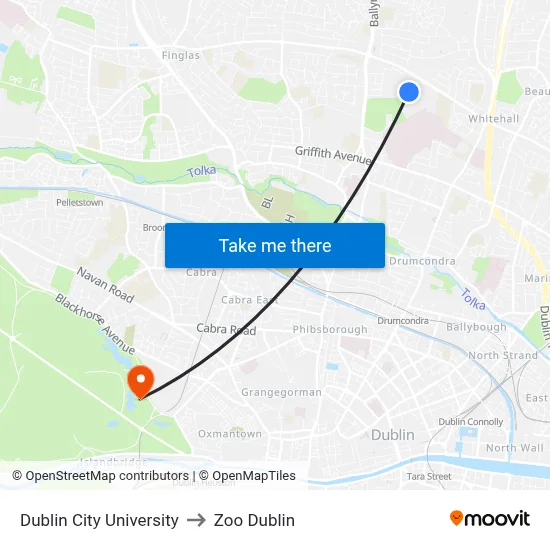 Dublin City University to Zoo Dublin map