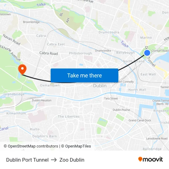 Dublin Port Tunnel to Zoo Dublin map