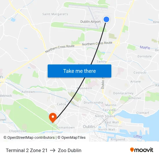 Terminal 2 Zone 21 to Zoo Dublin map