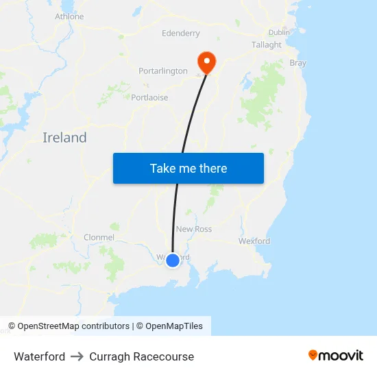 Waterford to Curragh Racecourse map