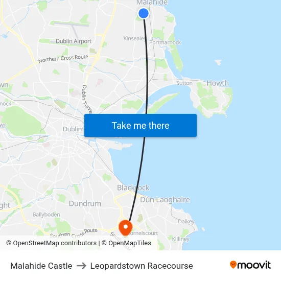Malahide Castle to Leopardstown Racecourse map