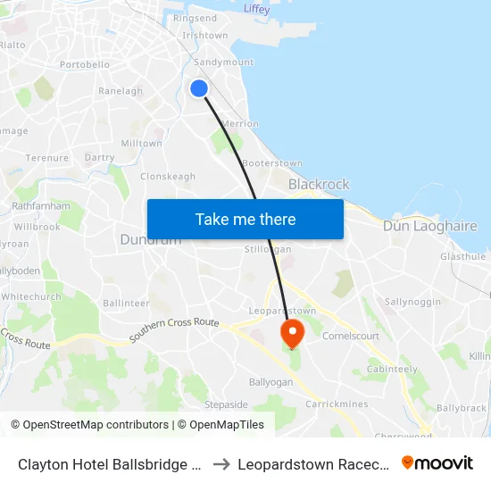 Clayton Hotel Ballsbridge Dublin to Leopardstown Racecourse map
