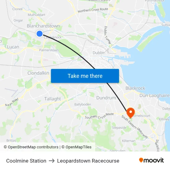 Coolmine Station to Leopardstown Racecourse map