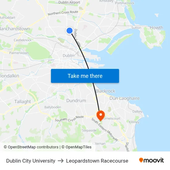 Dublin City University to Leopardstown Racecourse map
