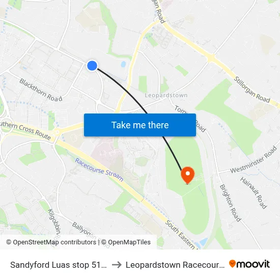 Sandyford Luas stop 5142 to Leopardstown Racecourse map
