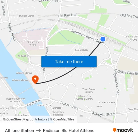 Athlone Station to Radisson Blu Hotel Athlone map