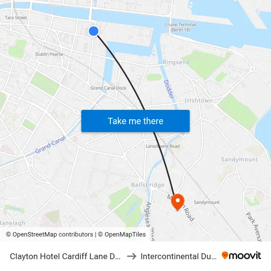 Clayton Hotel Cardiff Lane Dublin to Intercontinental Dublin map