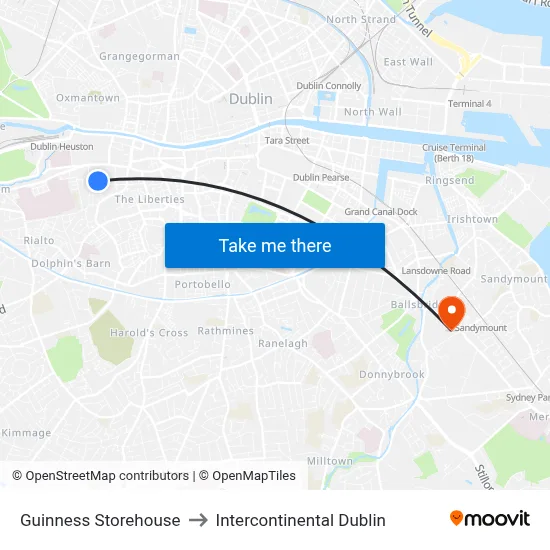 Guinness Storehouse to Intercontinental Dublin map