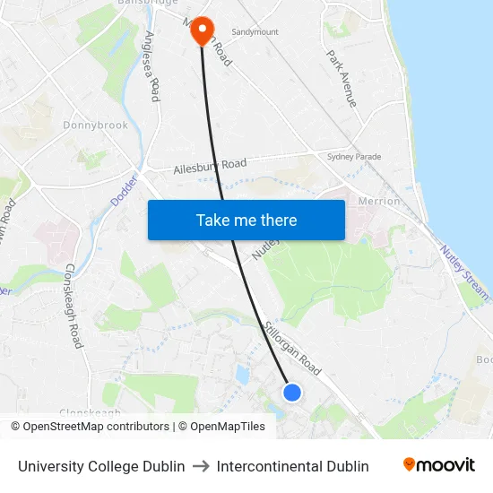 University College Dublin to Intercontinental Dublin map