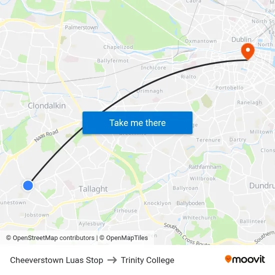 Cheeverstown Luas Stop to Trinity College map
