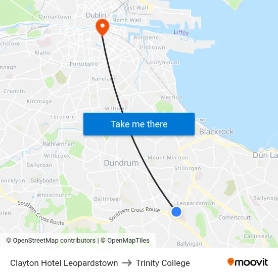 Clayton Hotel Leopardstown to Trinity College map