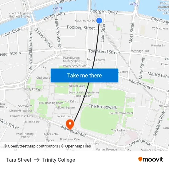 Tara Street to Trinity College map