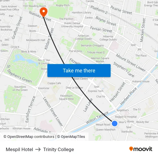Mespil Hotel to Trinity College map