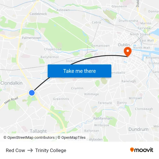 Red Cow to Trinity College map