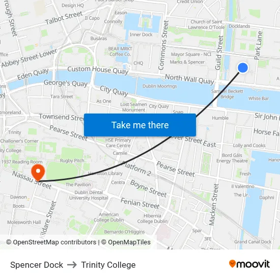 Spencer Dock to Trinity College map