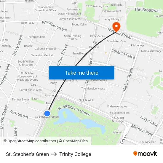 St. Stephen's Green to Trinity College map